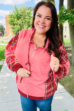 Adorable in Marsala Plaid Color Block Zipper French Terry Hoodie