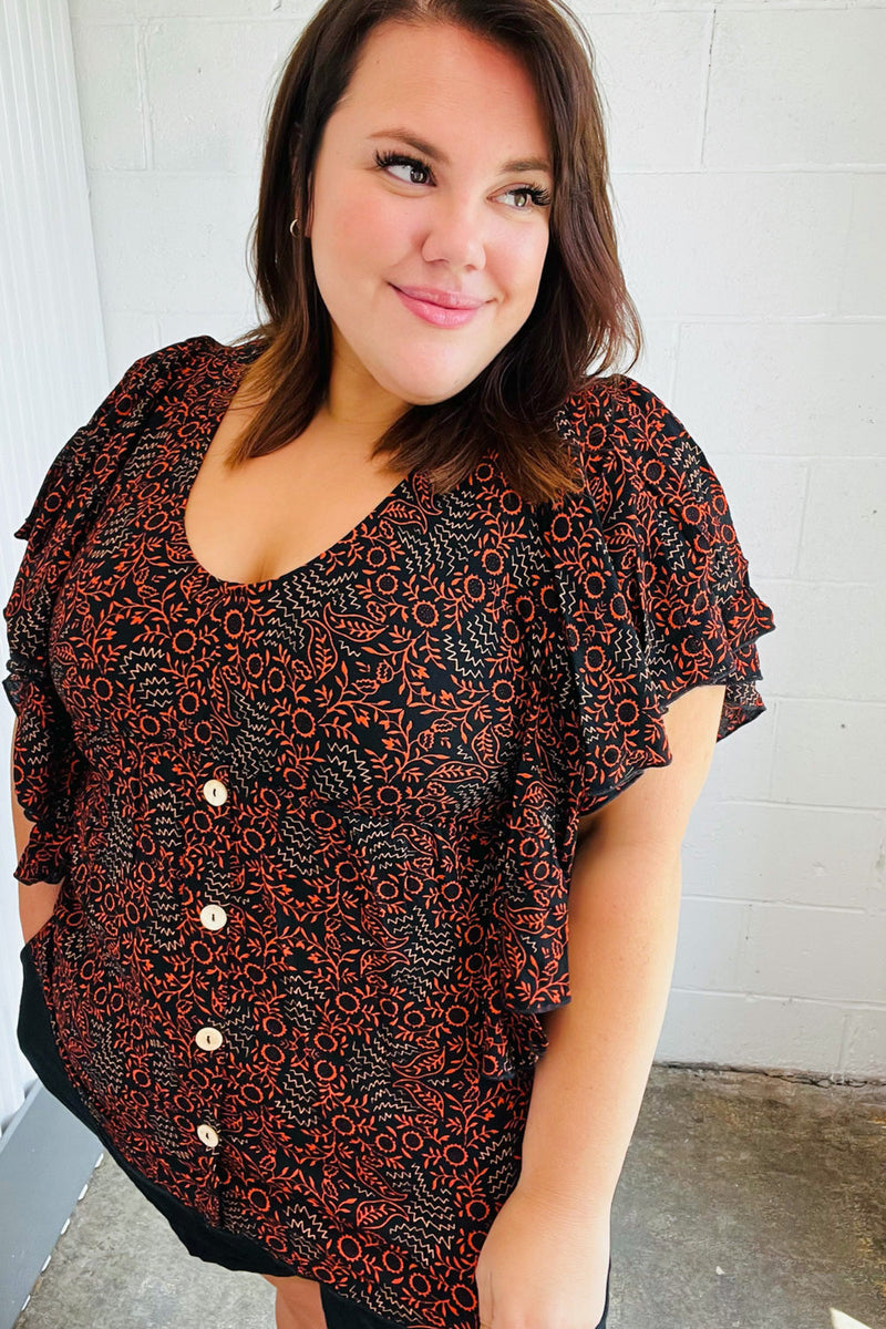 Black & Orange Boho Print Button Detail Side Ruffle Top