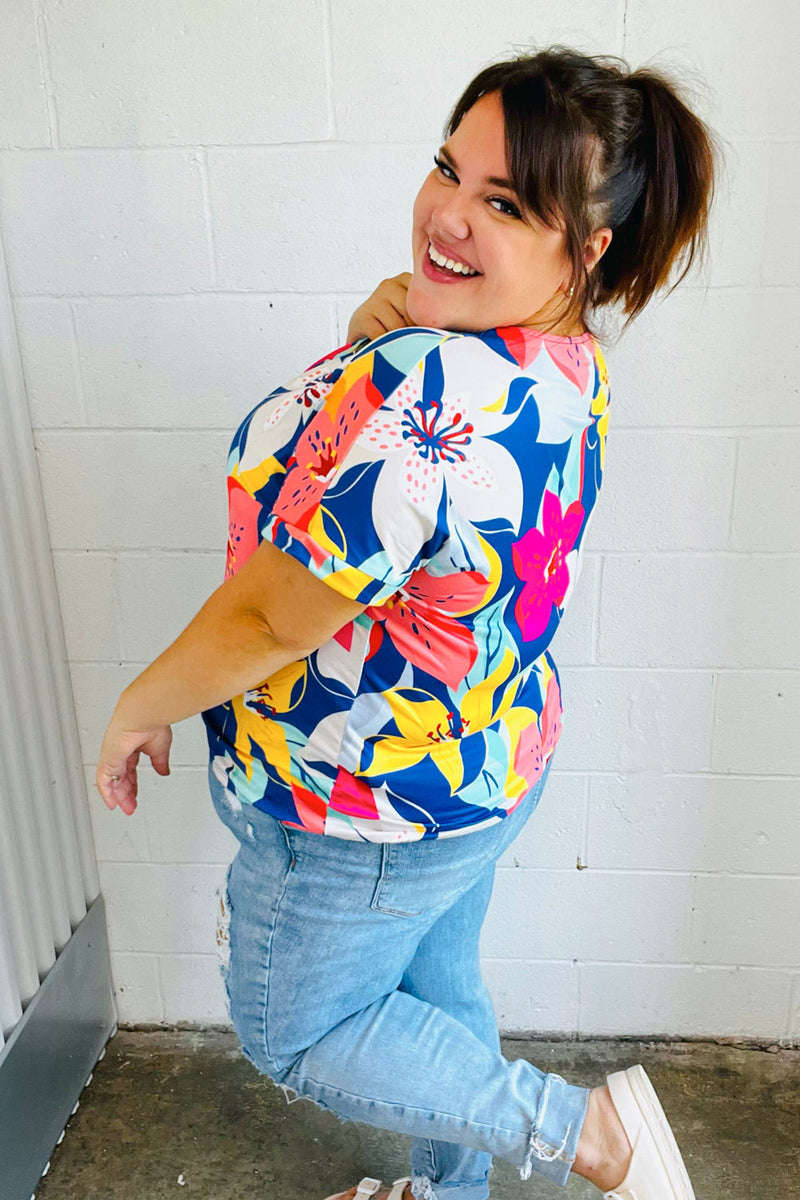 Navy & Yellow Tropical Floral V Neck Top