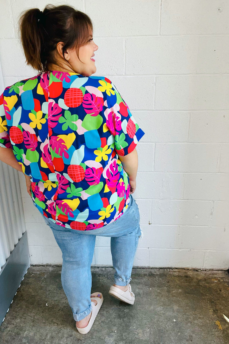 Navy & Magenta Tropical Print Woven Top