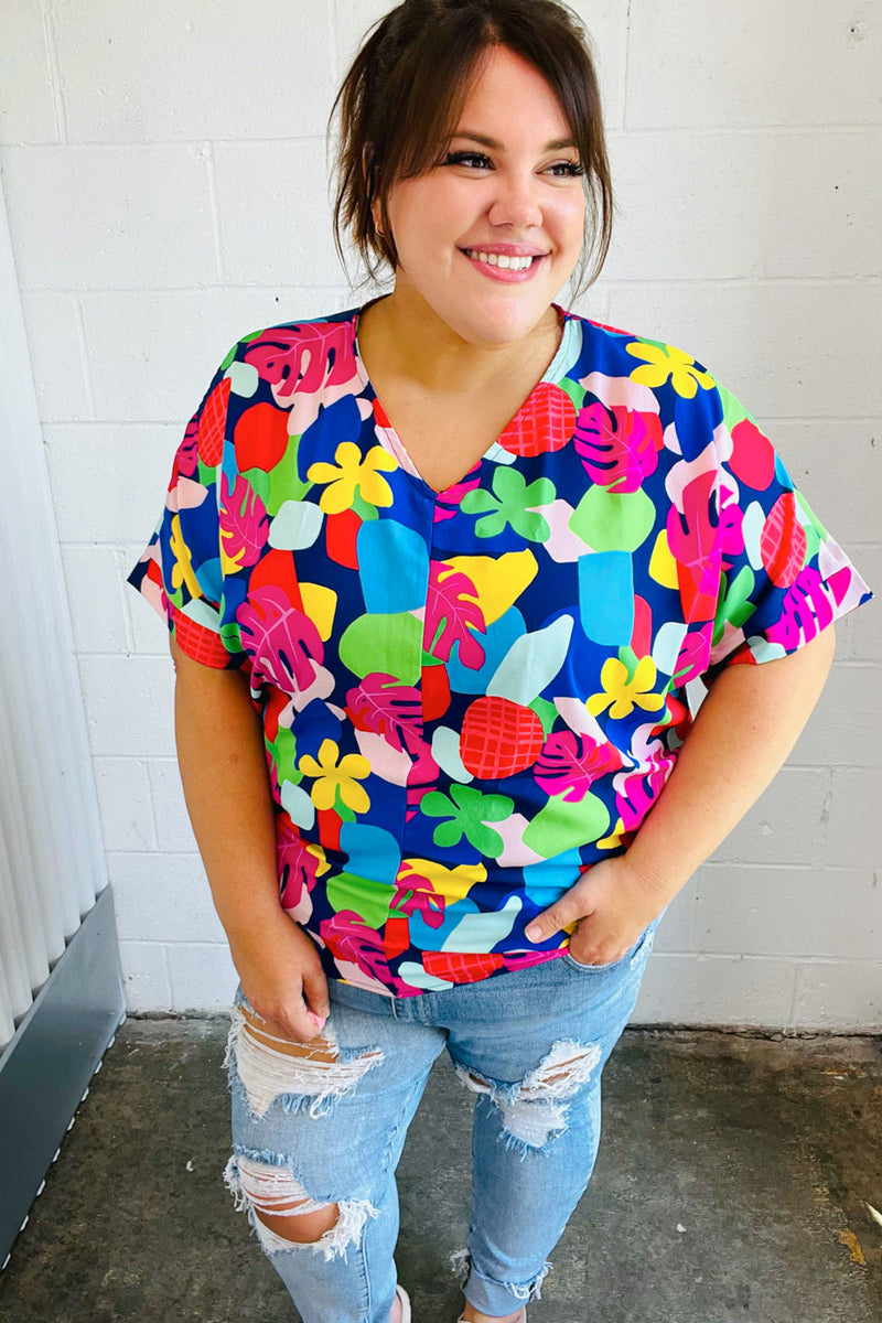 Navy & Magenta Tropical Print Woven Top