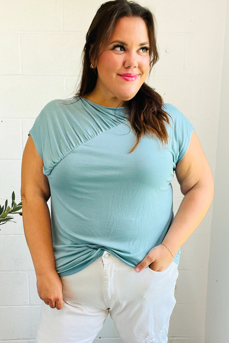 Charming in Aqua Asymmetrical Shirred Modal Top