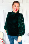 Under the Lights Green Velvet & Sequin Frill Mock Neck Top