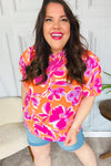 Feel Your Best Fuchsia Orange Floral Print Frill Mock Neck Top