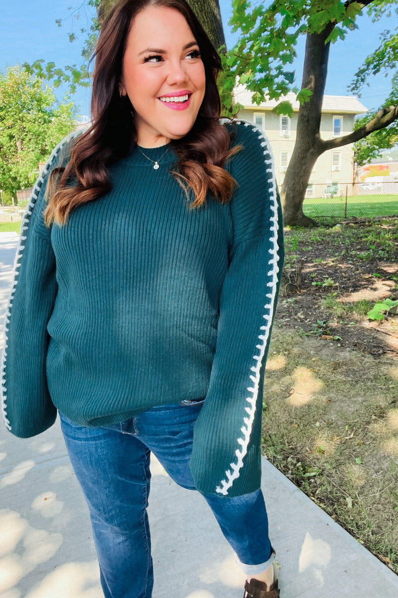 Fall Vibes Hunter Green Rib Knit Large Stitch Oversized Sweater