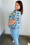 Blue & Orange Retro Floral V Neck Top