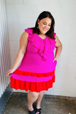 Fuchsia Ruffle V Neck Crepe Tiered Midi Dress