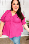 Feeling Strong Fuchsia Textured V Neck Babydoll Top