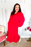 Beautiful You Holiday Red Overlap Ruffle V Neck Midi Dress