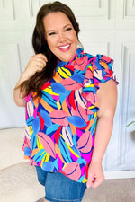 Tropical Vibes Blue & Pink Mock Neck Flutter Sleeve Top