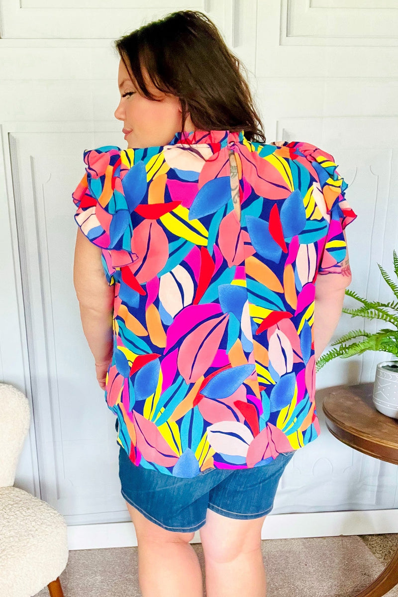 Tropical Vibes Blue & Pink Mock Neck Flutter Sleeve Top