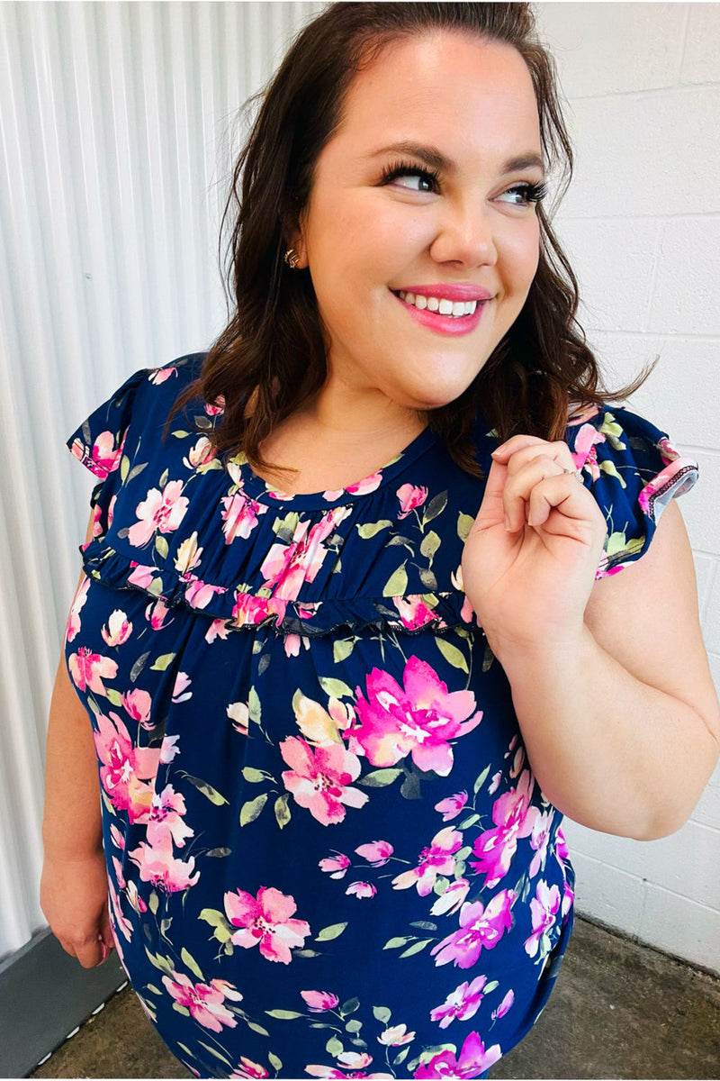 Navy & Pink Floral Print Frilled Short Sleeve Yoke Top