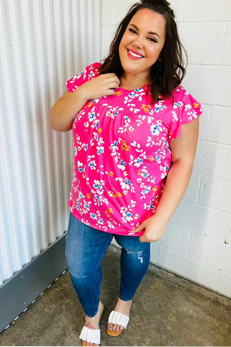 Pink Floral Print Ruffle Short Sleeve Yoke Top