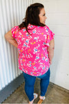 Pink Floral Print Ruffle Short Sleeve Yoke Top