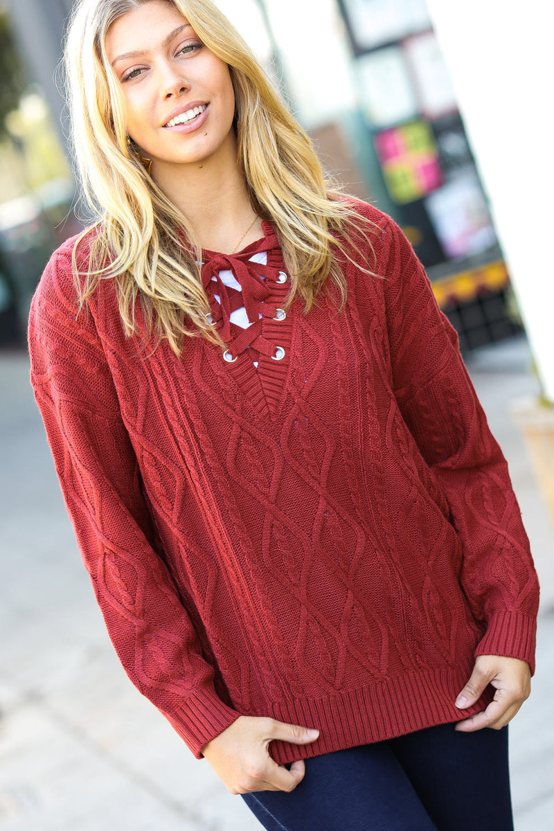 Fall Vibes Rust Cable Knit Lace Up V Neck Sweater