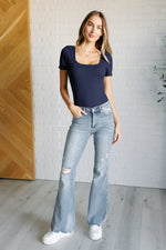 Judy Blue Caroline Mid Rise Control Top Distressed Flare Jeans