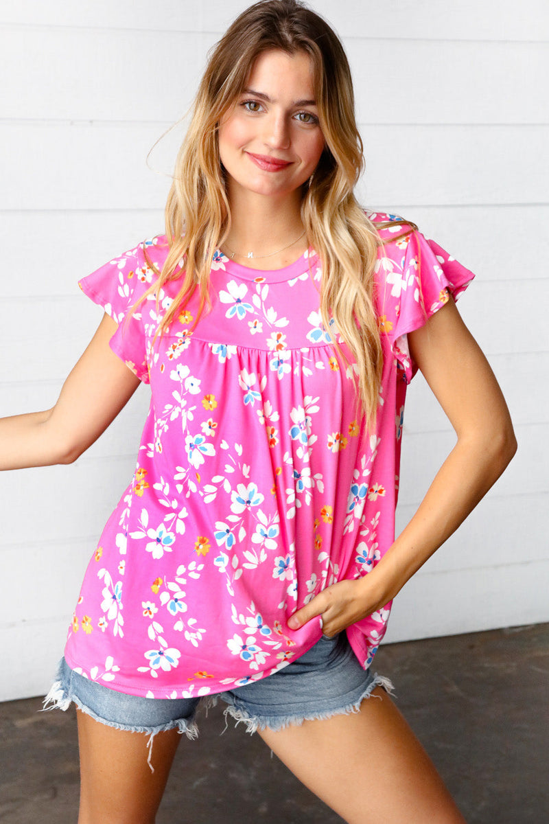 Pink Floral Print Ruffle Short Sleeve Yoke Top