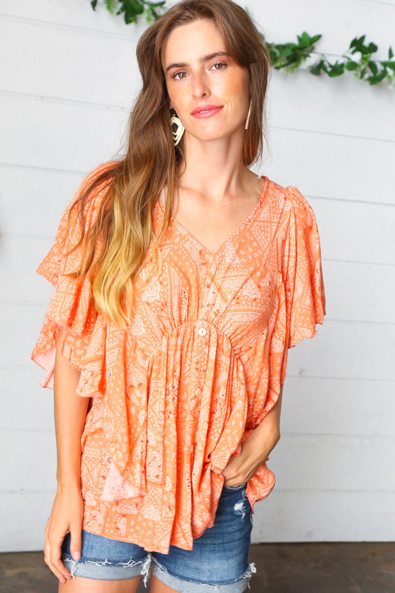 Apricot Boho Print Button Detail Side Ruffle Top