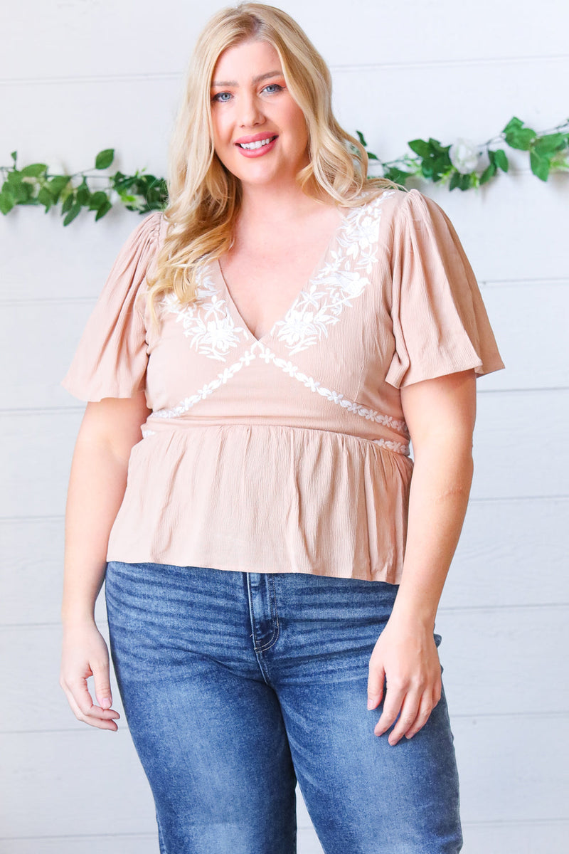 Taupe Crinkle Embroidered Smocked Babydoll Top