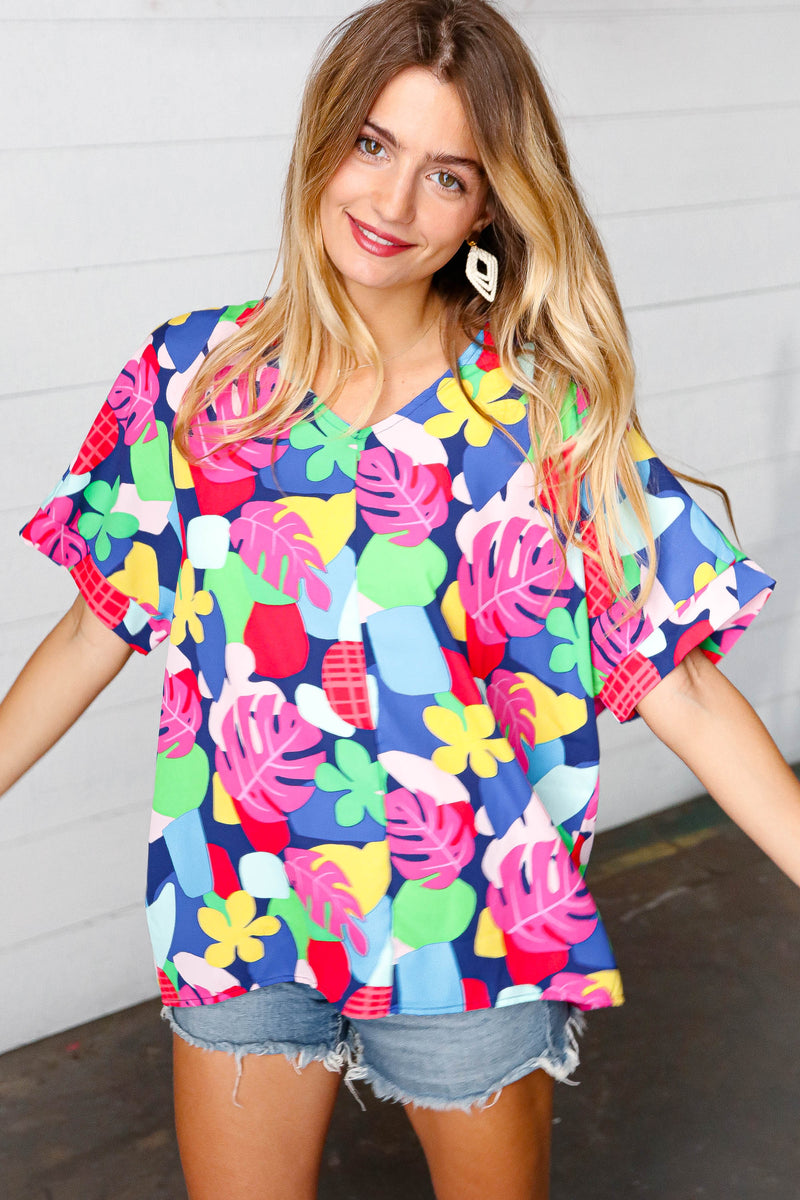 Navy & Magenta Tropical Print Woven Top