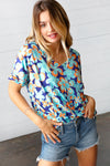 Blue & Orange Retro Floral V Neck Top