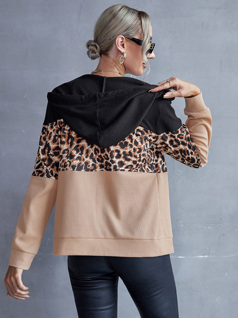 Ivy Lane Drawstring Leopard Zip Up Hooded Jacket