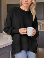 Slit Round Neck Dropped Shoulder Sweater