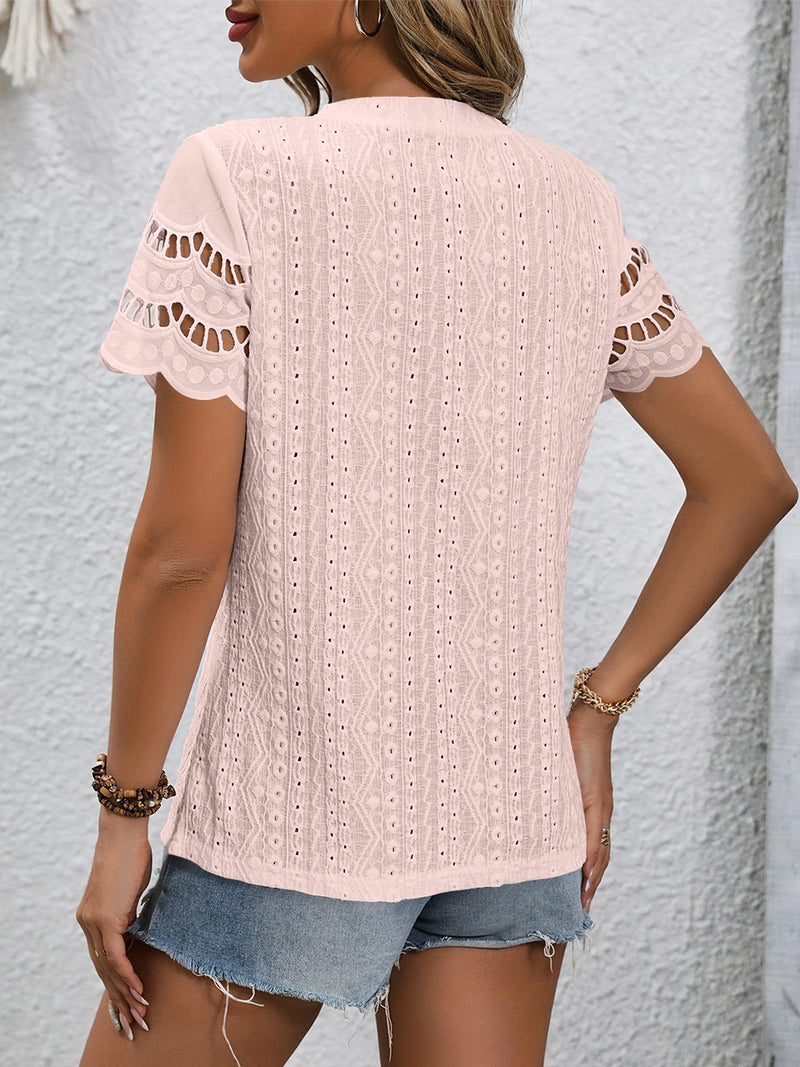 Full Size Eyelet Round Neck Short Sleeve Top