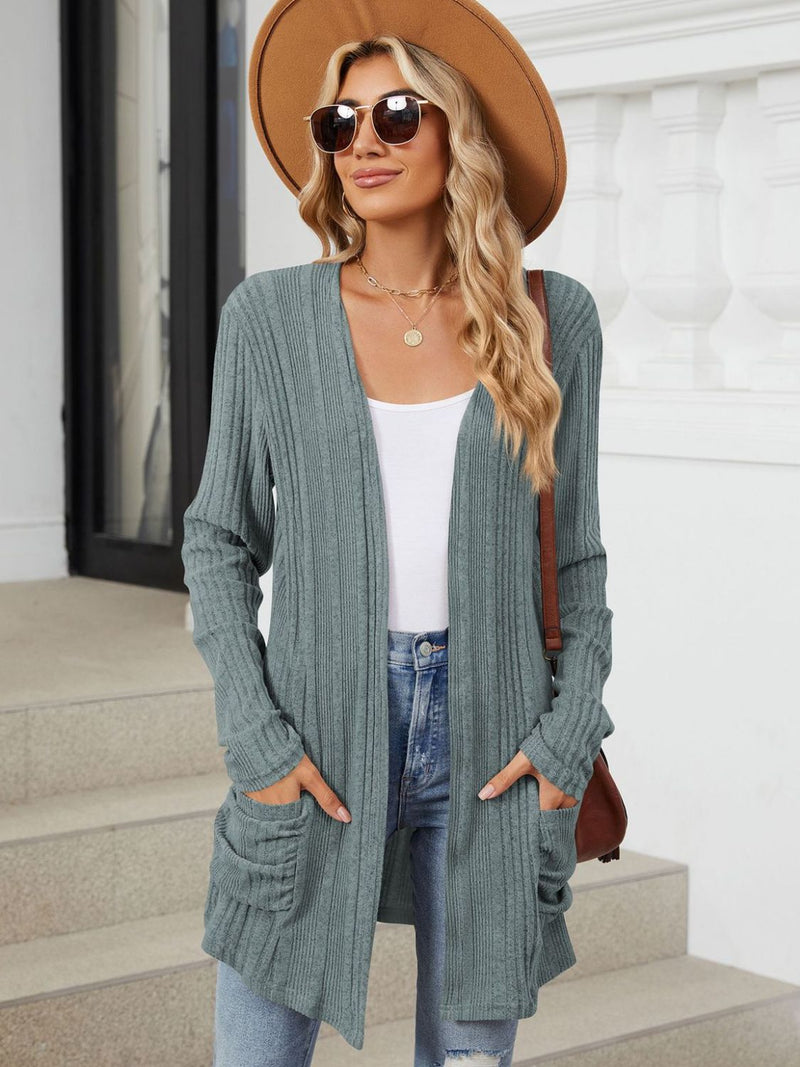 Pocketed Open Front Long Sleeve Cardigan