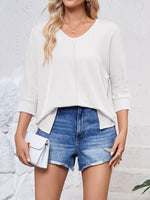 Textured Round Neck Three-Quarter Sleeve Blouse