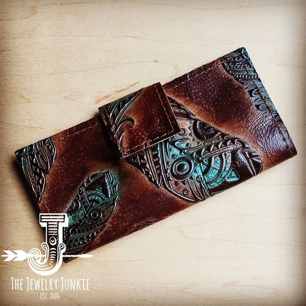 Turquoise Feather Embossed Leather Wallet w/ Snap