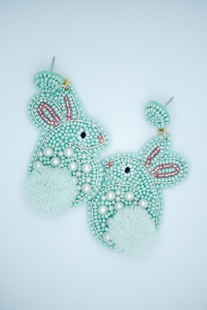 Easter Bunny Pom Seed Bead Earrings in Mint Green