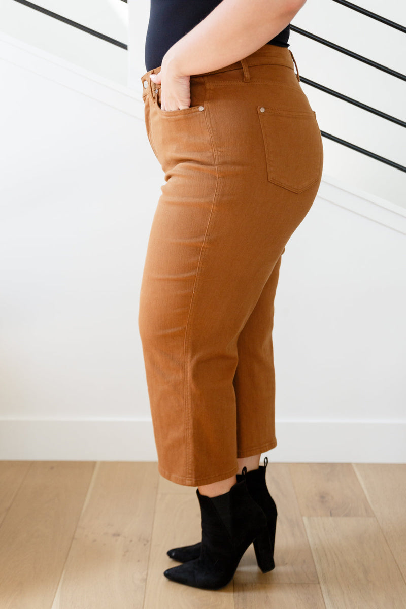 Judy Blue Briar High Rise Control Top Wide Leg Crop Jeans in Camel