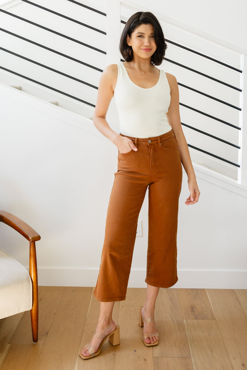 Judy Blue Briar High Rise Control Top Wide Leg Crop Jeans in Camel