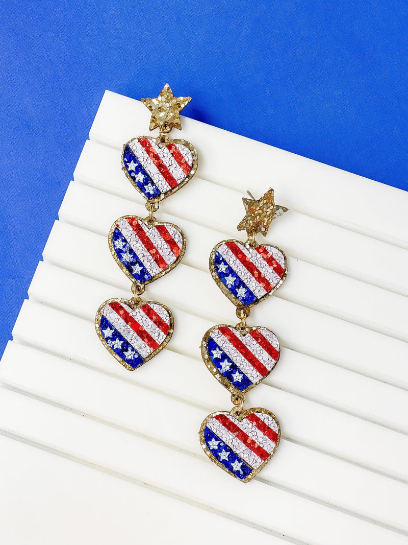 PREORDER: American Flag Heart Trio Dangle Earrings