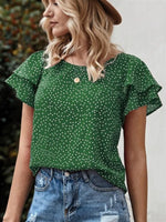 Ruffled Polka Dot Round Neck Short Sleeve Blouse