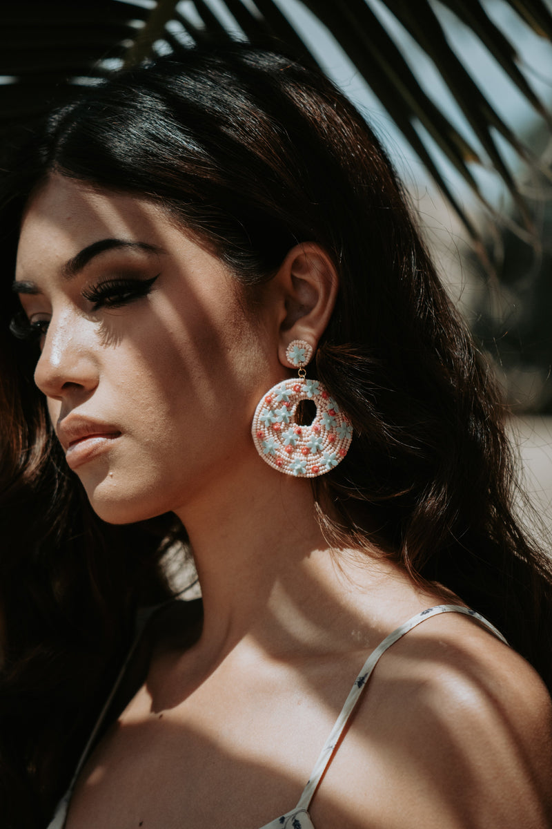 Penny Seed Beaded Floral Post Earrings in Pink