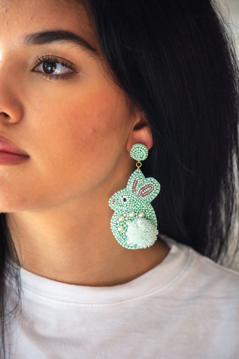 Easter Bunny Pom Seed Bead Earrings in Mint Green